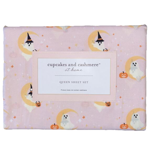 Cupcakes & Cashmere Halloween Cute Moon Ghosts Pink Pumpkin Queen Sheet Set - Picture 1 of 4